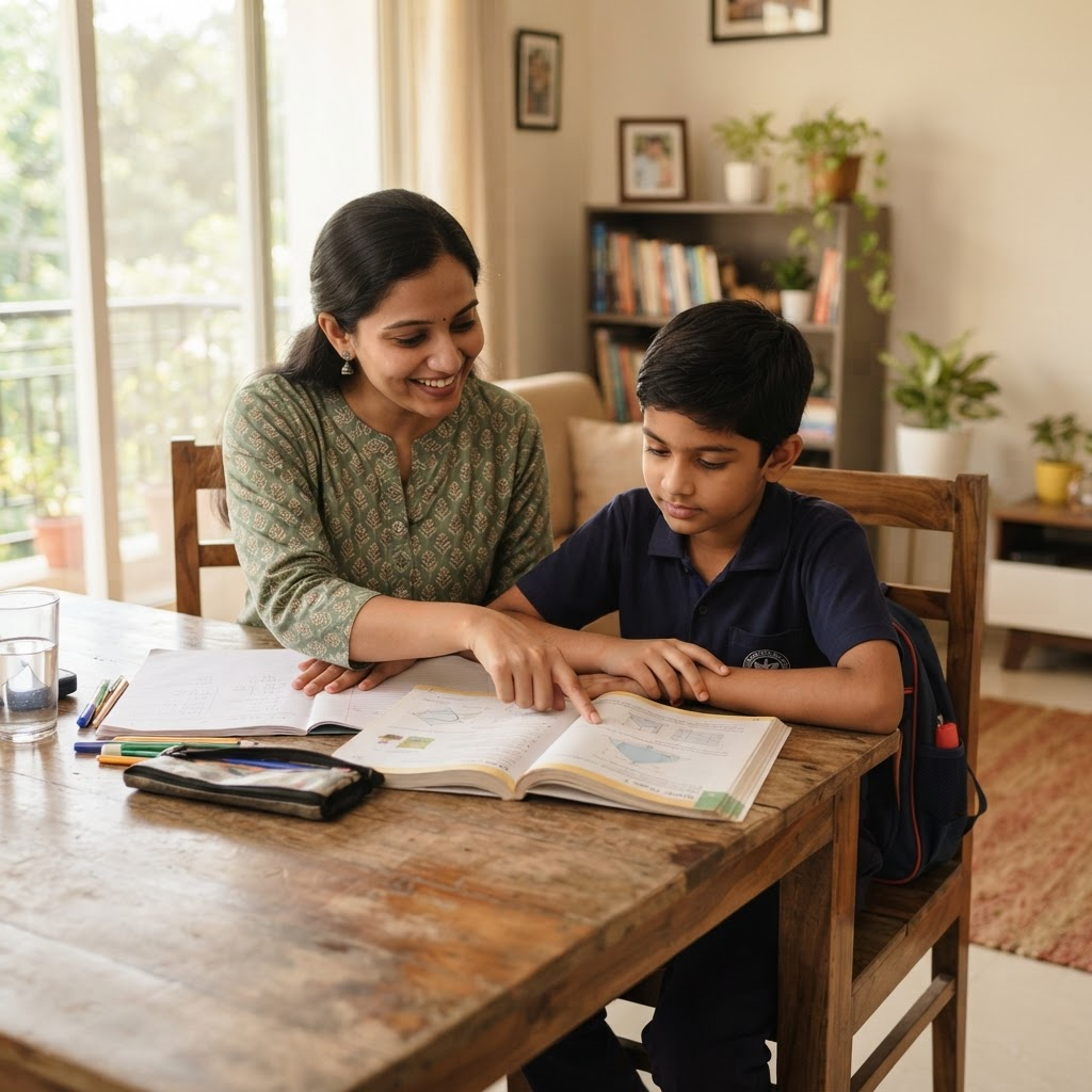A home tutor guiding a student through a lesson at a study table at home